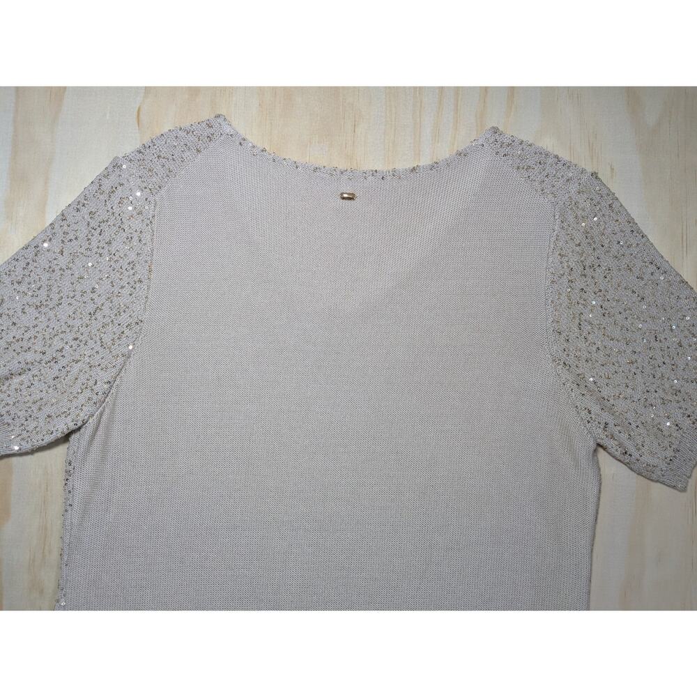 Escada Sagira Top Large Silk Cotton Sequin Knit Short Sleeve Blouse Beige Italy - Picture 10 of 16